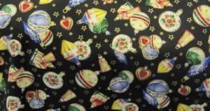 Fabric with Christmas Baubles on black background