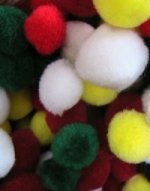 red, green,yellow and white pom poms