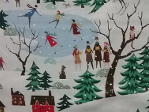 fabric printed with fir trees, ice skating pond with skaters decidious trees