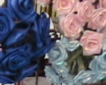 bunches of ribbon roses on a rack